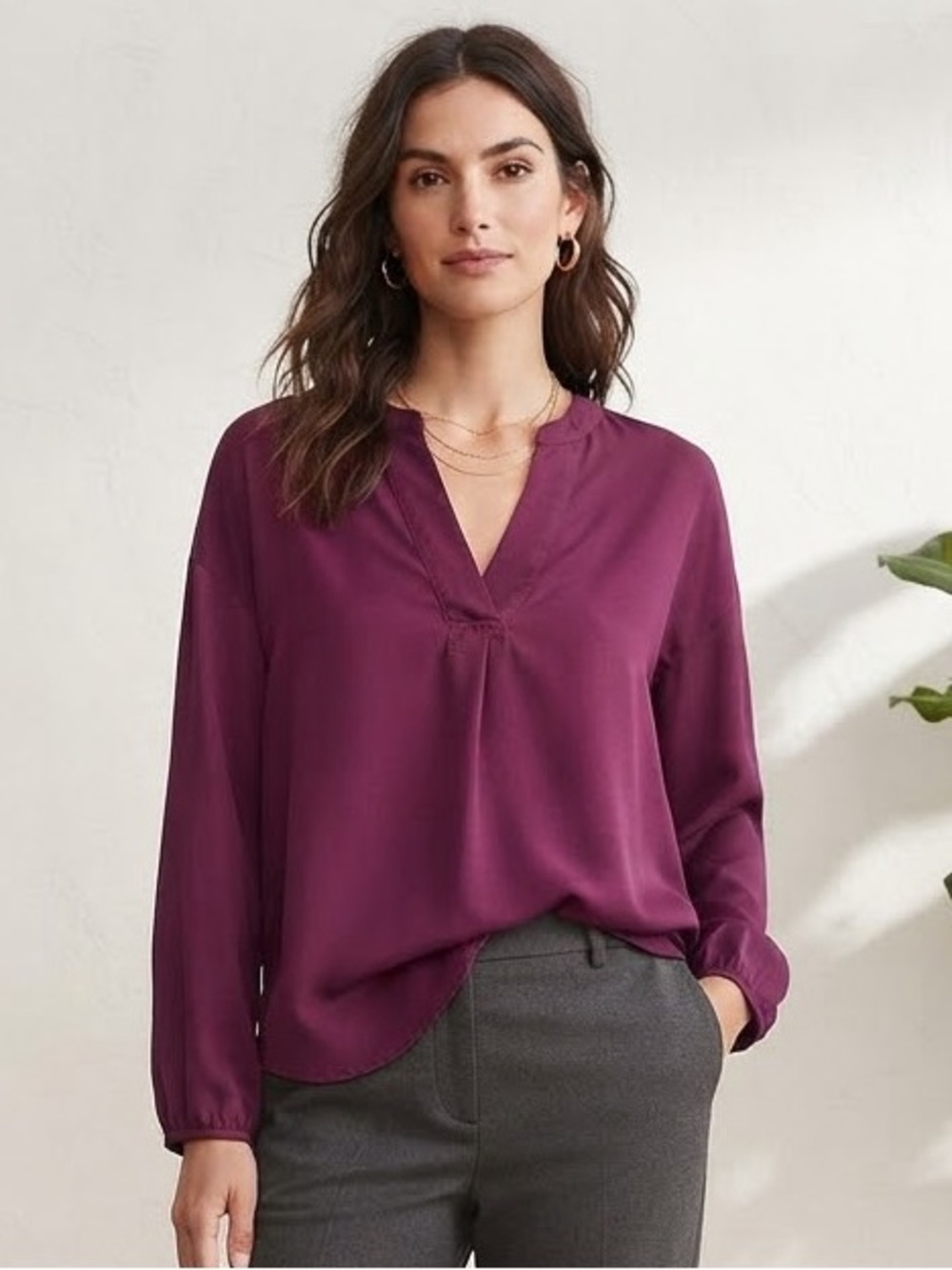 Banana Republic Factory Plum Gathered V-Neck Blouse